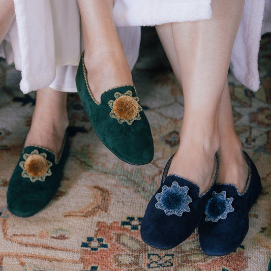 Fireside House Shoe in Navy Rosette Suede