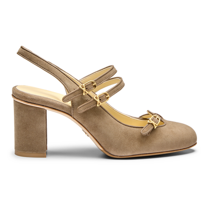 Mary Gail Mary Jane Sling 70 in Taupe Suede