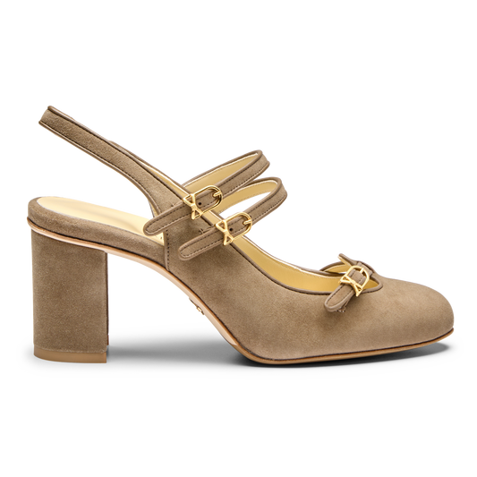 Mary Gail Mary Jane Sling 70 in Taupe Suede