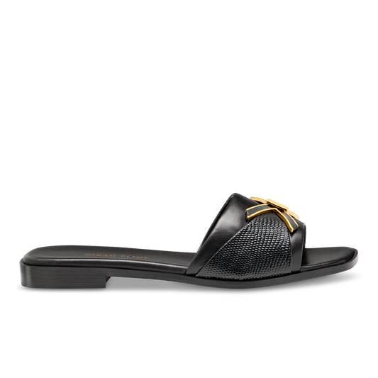 Mirjana Hardware Sandal in Black Nappa And Lizard Embossed Calf