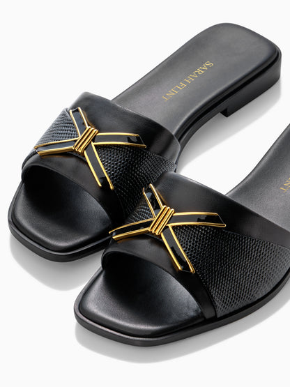 Mirjana Hardware Sandal in Black Nappa And Lizard Embossed Calf