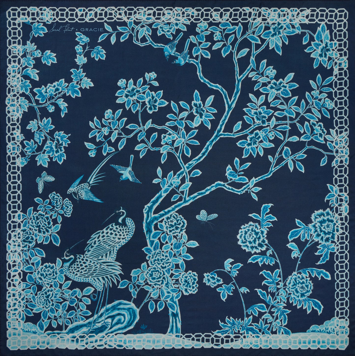 Sarah Flint x Gracie Lapis Garden Scarf 140 in Navy Blue Cashmere-Silk