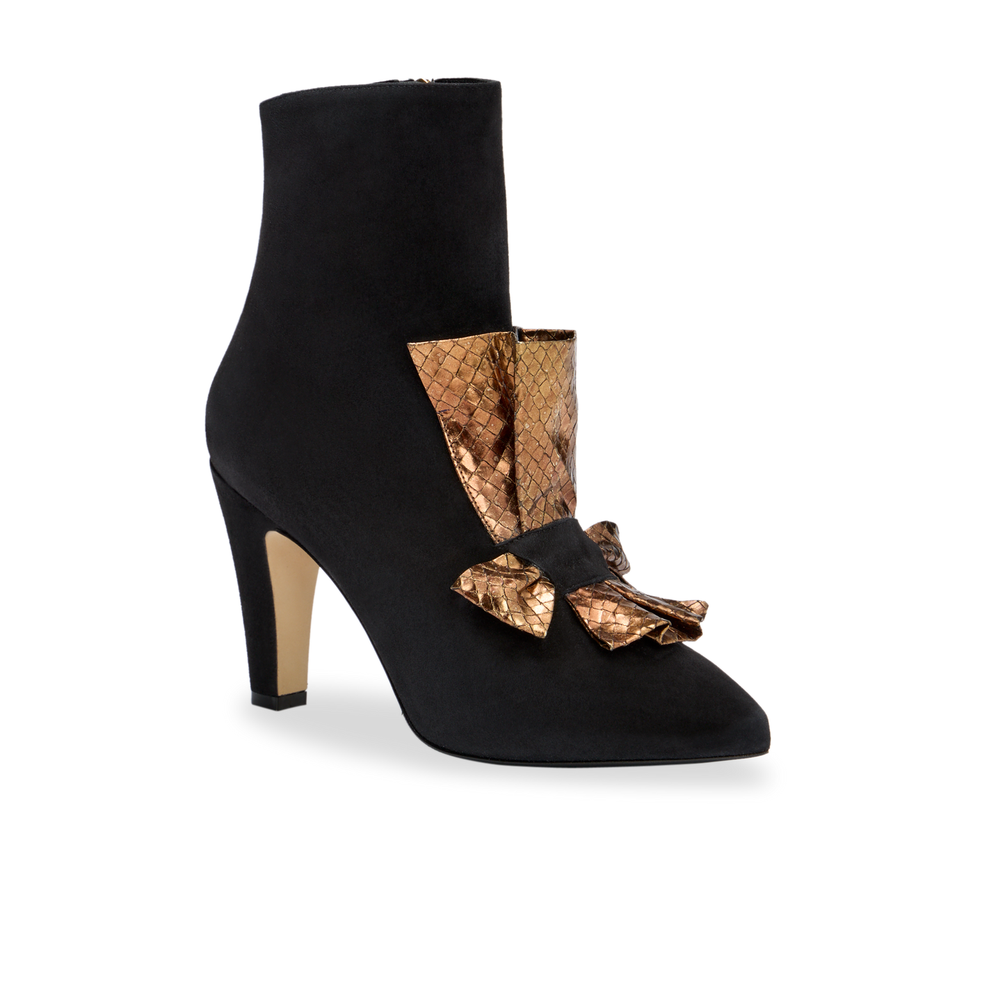 Perfect Abigail Bow Bootie 90 in Black Suede and Gold Embossed Leather