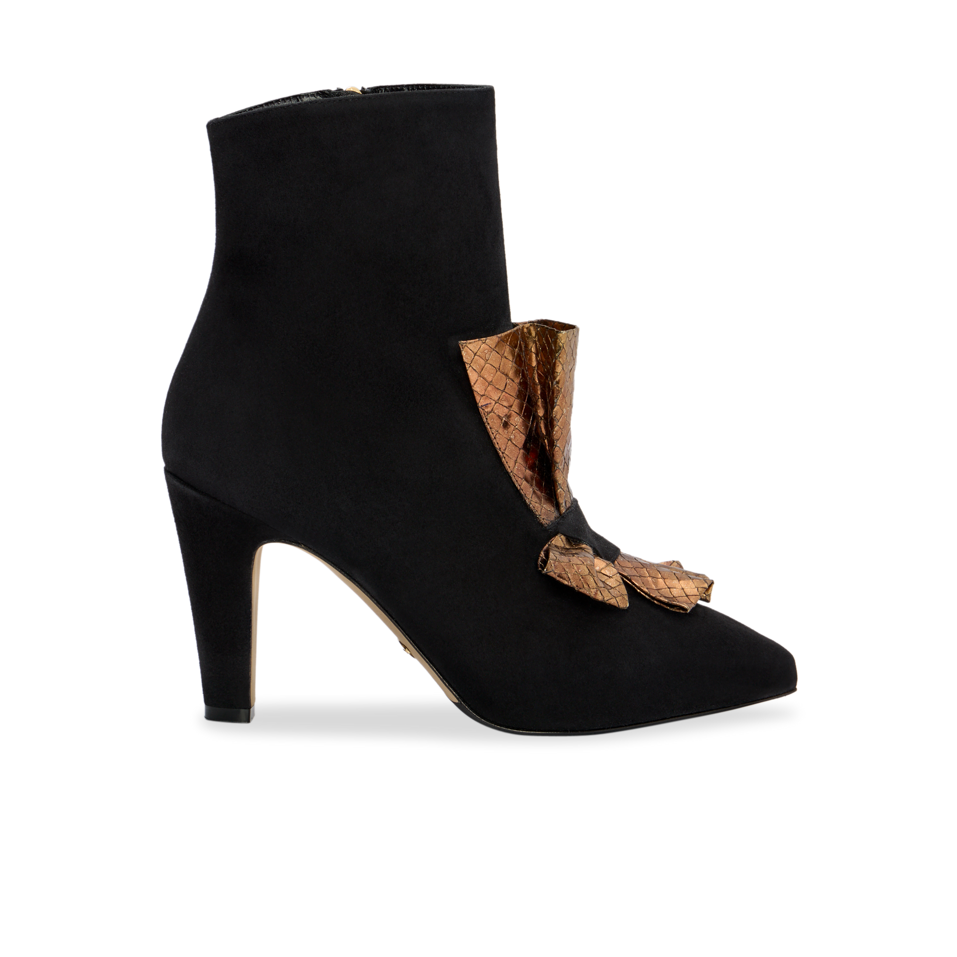 Perfect Abigail Bow Bootie 90 in Black Suede and Gold Embossed Leather