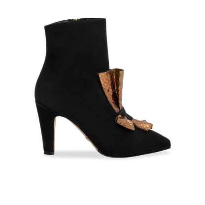 Perfect Abigail Bow Bootie 90 in Black Suede and Gold Embossed Leather