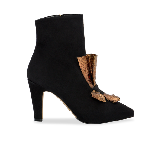 Perfect Abigail Bow Bootie 90 in Black Suede and Gold Embossed Leather