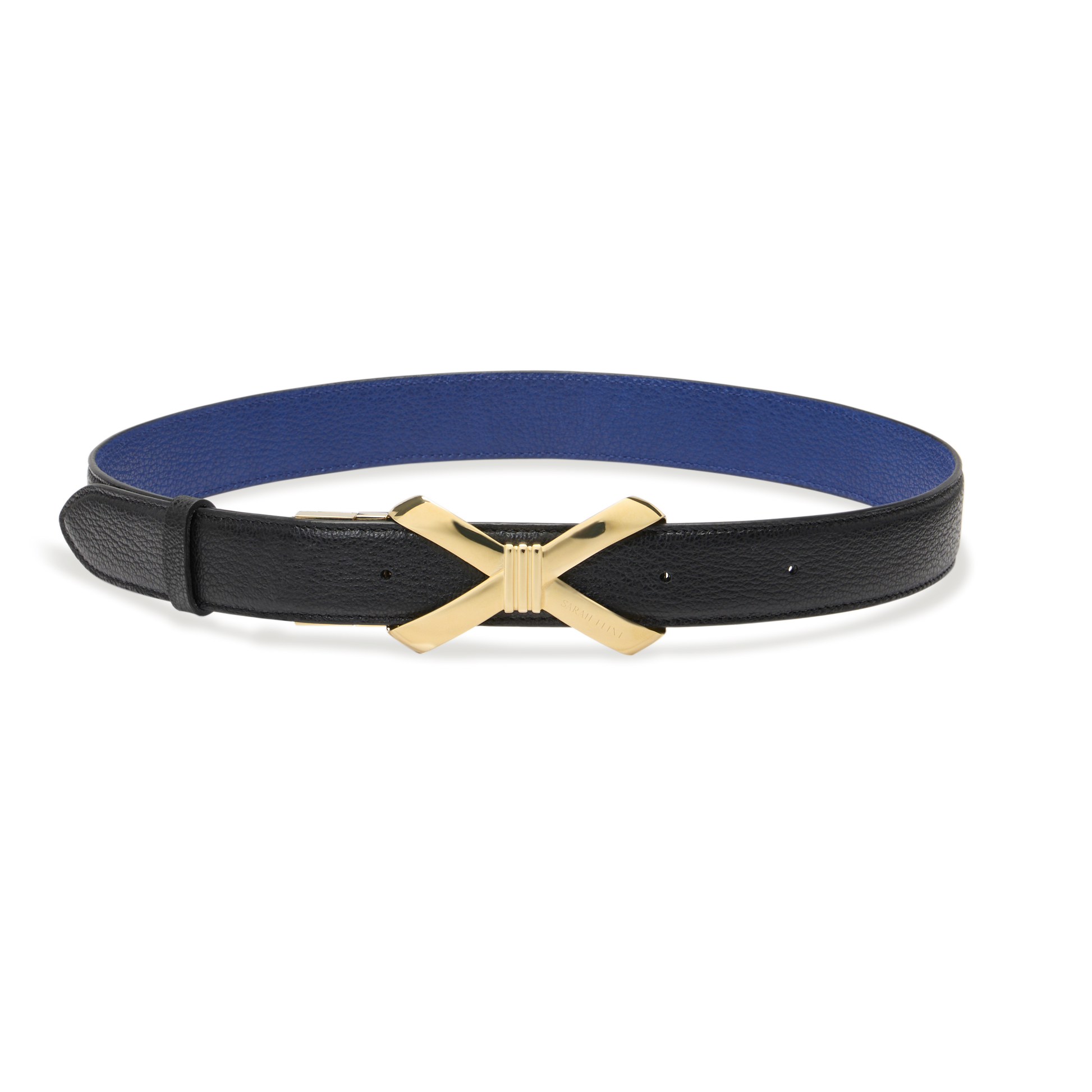 Bow Logo Reversible Belt in Black and Cobalt Calf