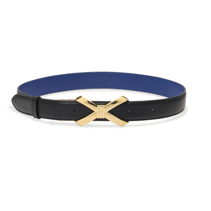 Bow Logo Reversible Belt in Black and Cobalt Calf