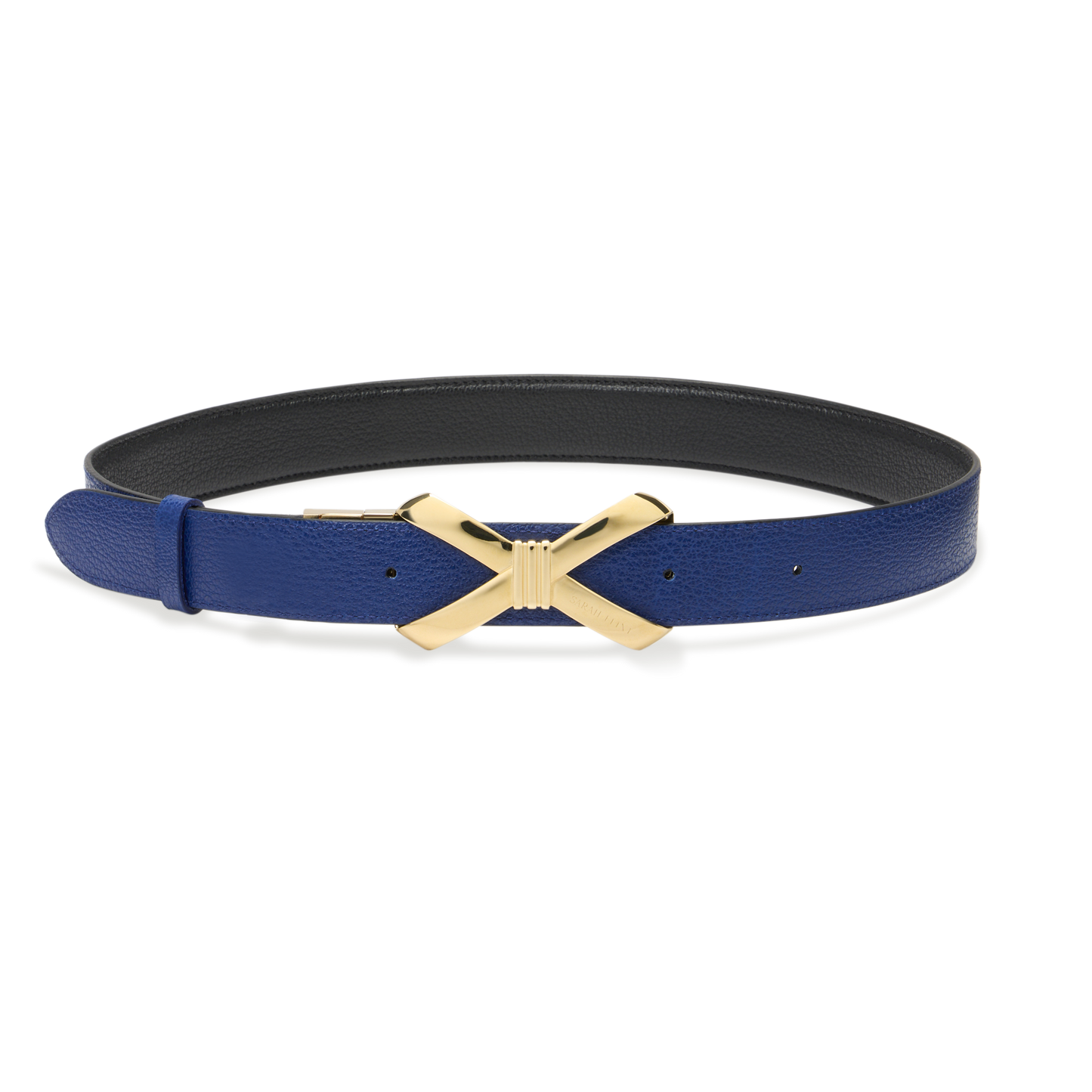 Bow Logo Reversible Belt in Black and Cobalt Calf