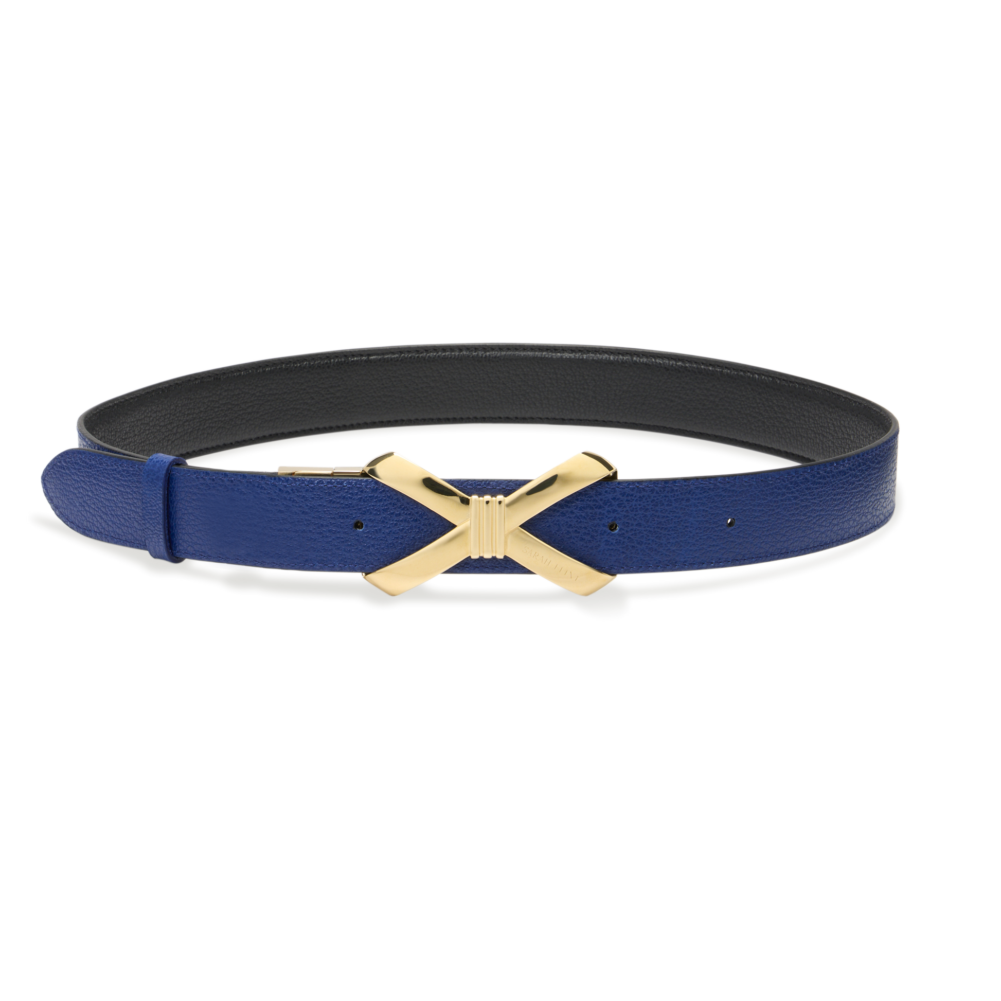 Bow Logo Reversible Belt in Black and Cobalt Calf