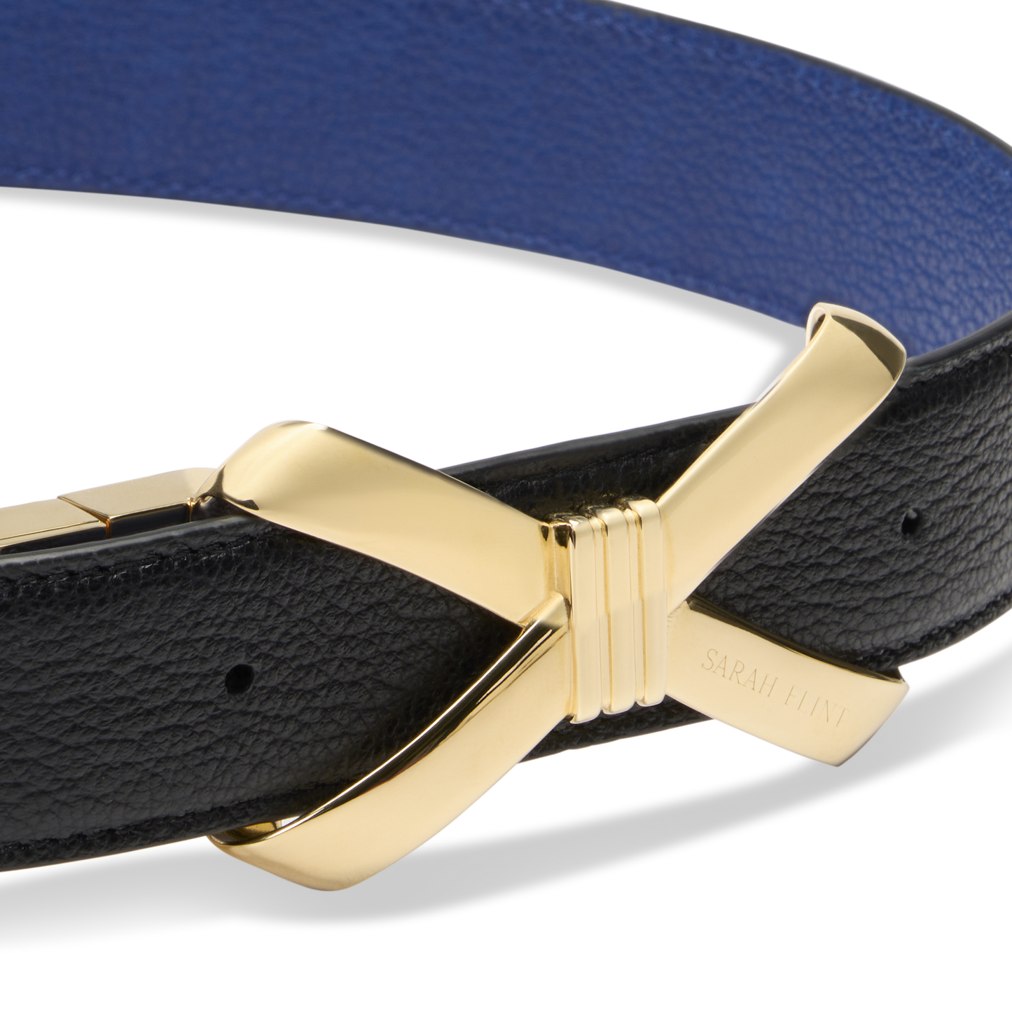 Bow Logo Reversible Belt in Black and Cobalt Calf