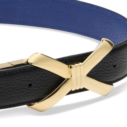 Bow Logo Reversible Belt in Black and Cobalt Calf