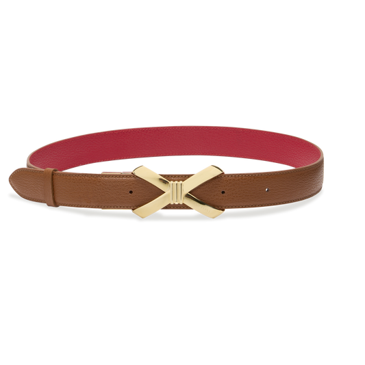 Bow Logo Reversible Belt in Cognac and Cherry Calf