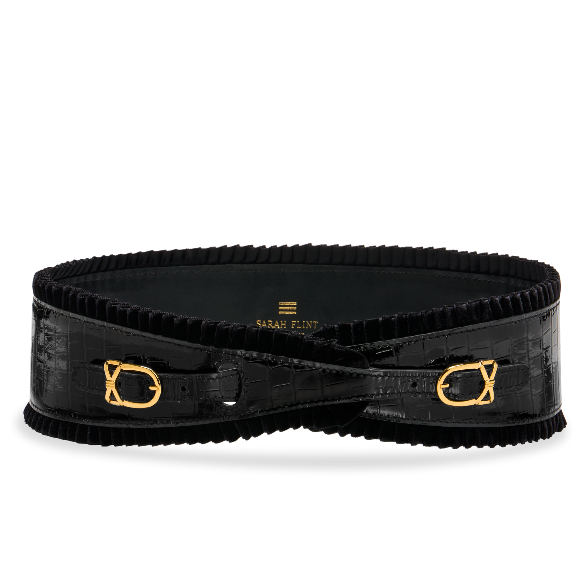 Whitman Ruffle Belt in Blac Croc Embossed Calf and Black Velvet