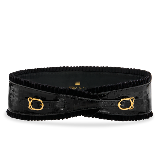 Whitman Ruffle Belt in Blac Croc Embossed Calf and Black Velvet