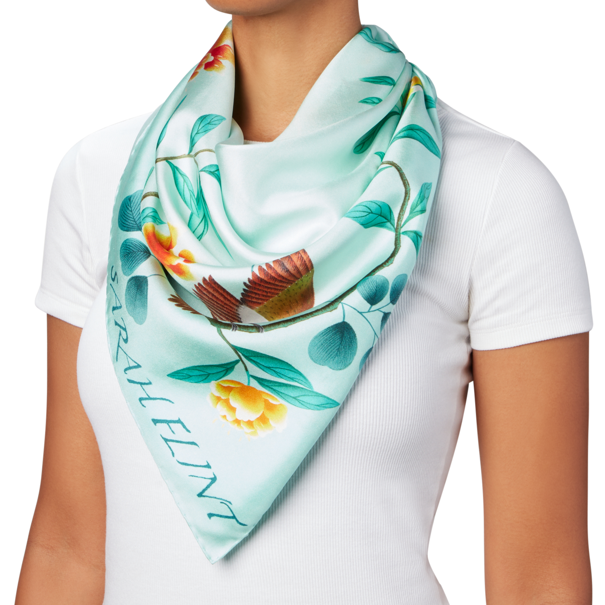 Hand Painted Italian Made Birdsong Scarf 90 in Teal Silk