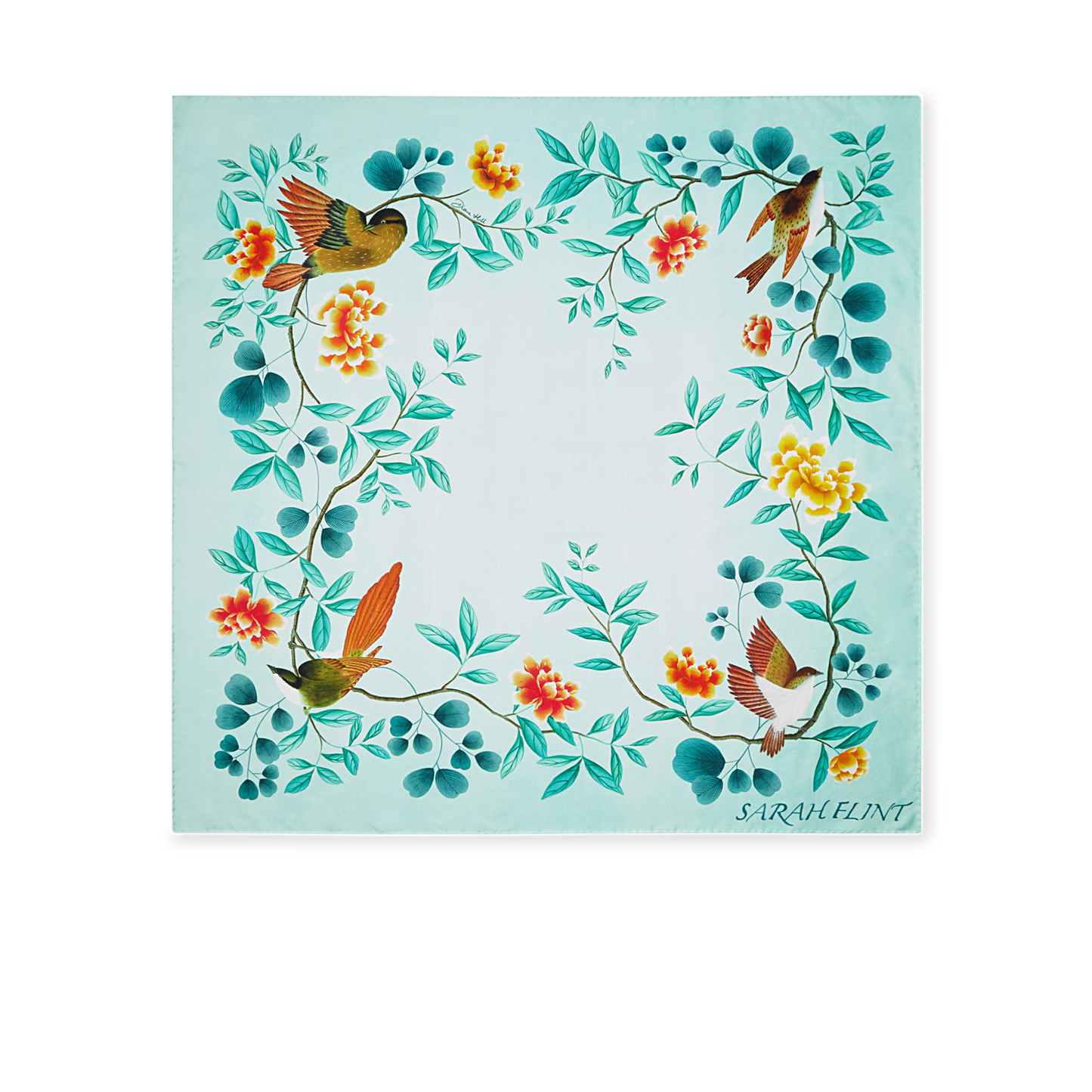 Hand Painted Italian Made Birdsong Scarf 90 in Teal Silk