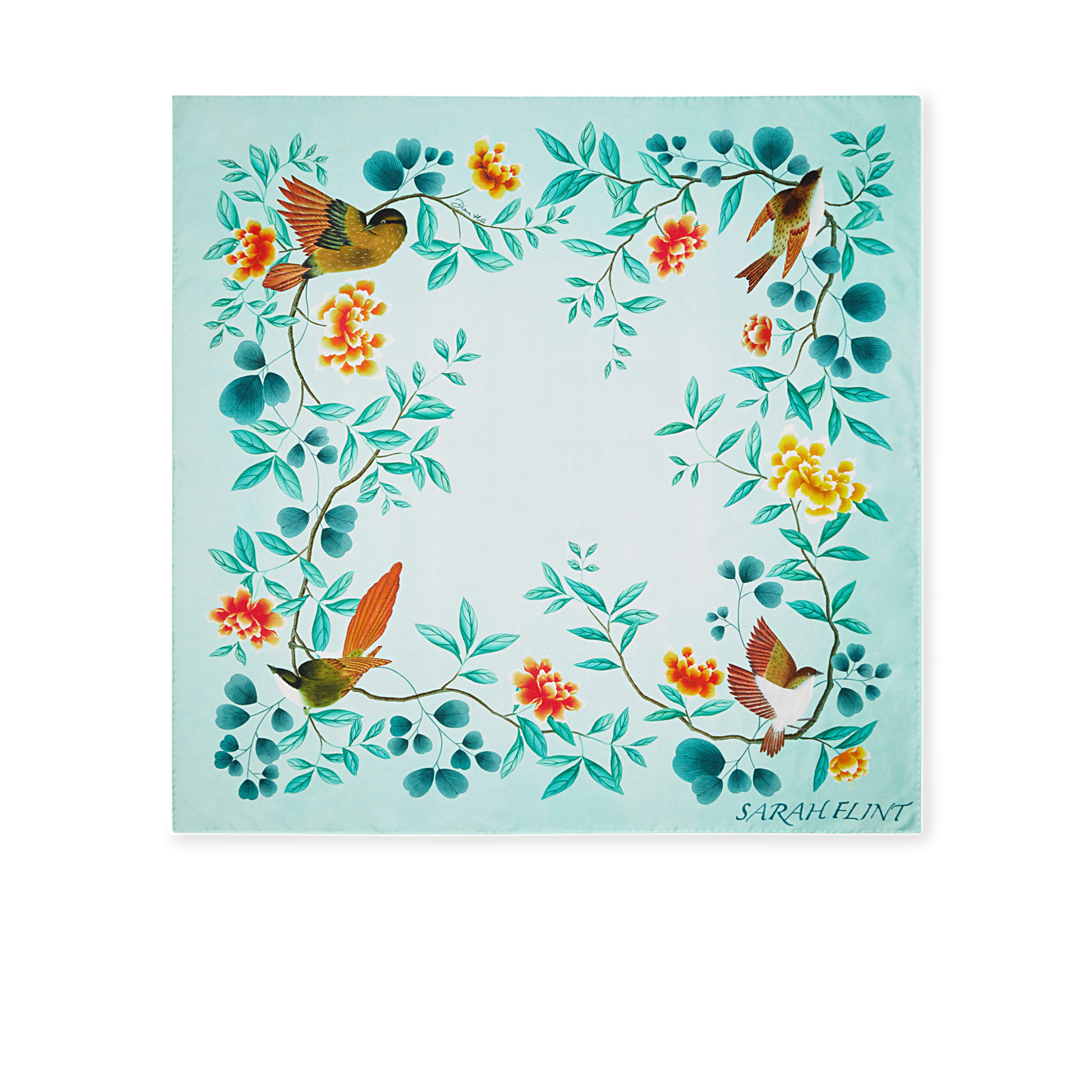 Hand Painted Italian Made Birdsong Scarf 90 in Teal Silk