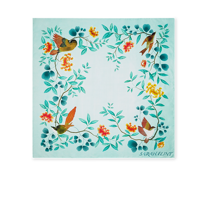 Hand Painted Italian Made Birdsong Scarf 90 in Teal Silk