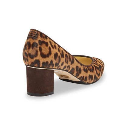 50mm Italian Made Pointed Toe Perfect Emma Pump in Chocolate Leopard Hair Calf