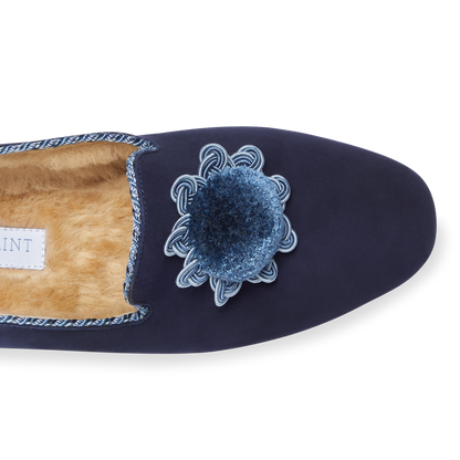 Fireside House Shoe in Navy Rosette Suede