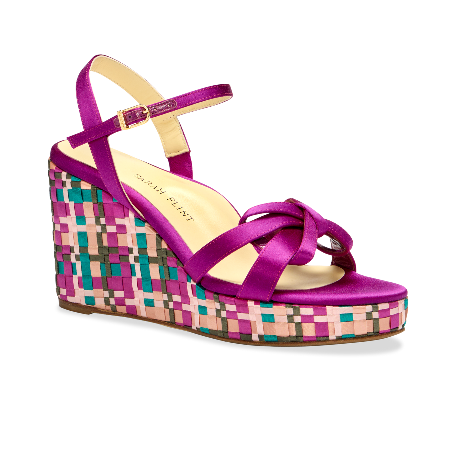 Perfect Mirjana Wedge 80 in Fuchsia & Turquoise Satin Weave
