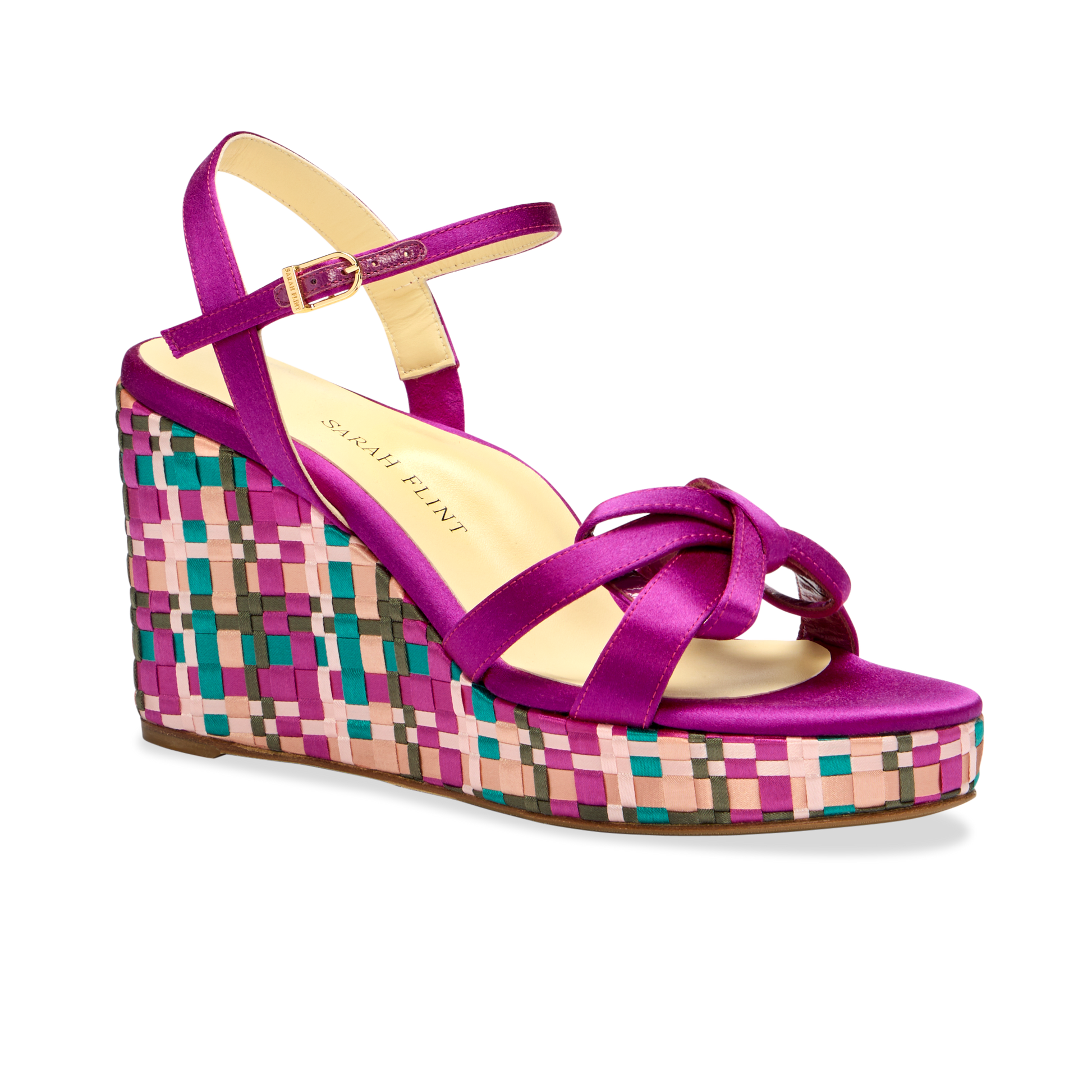 Perfect Mirjana Wedge 80 in Fuchsia & Turquoise Satin Weave