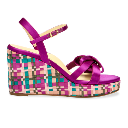 Perfect Mirjana Wedge 80 in Fuchsia & Turquoise Satin Weave