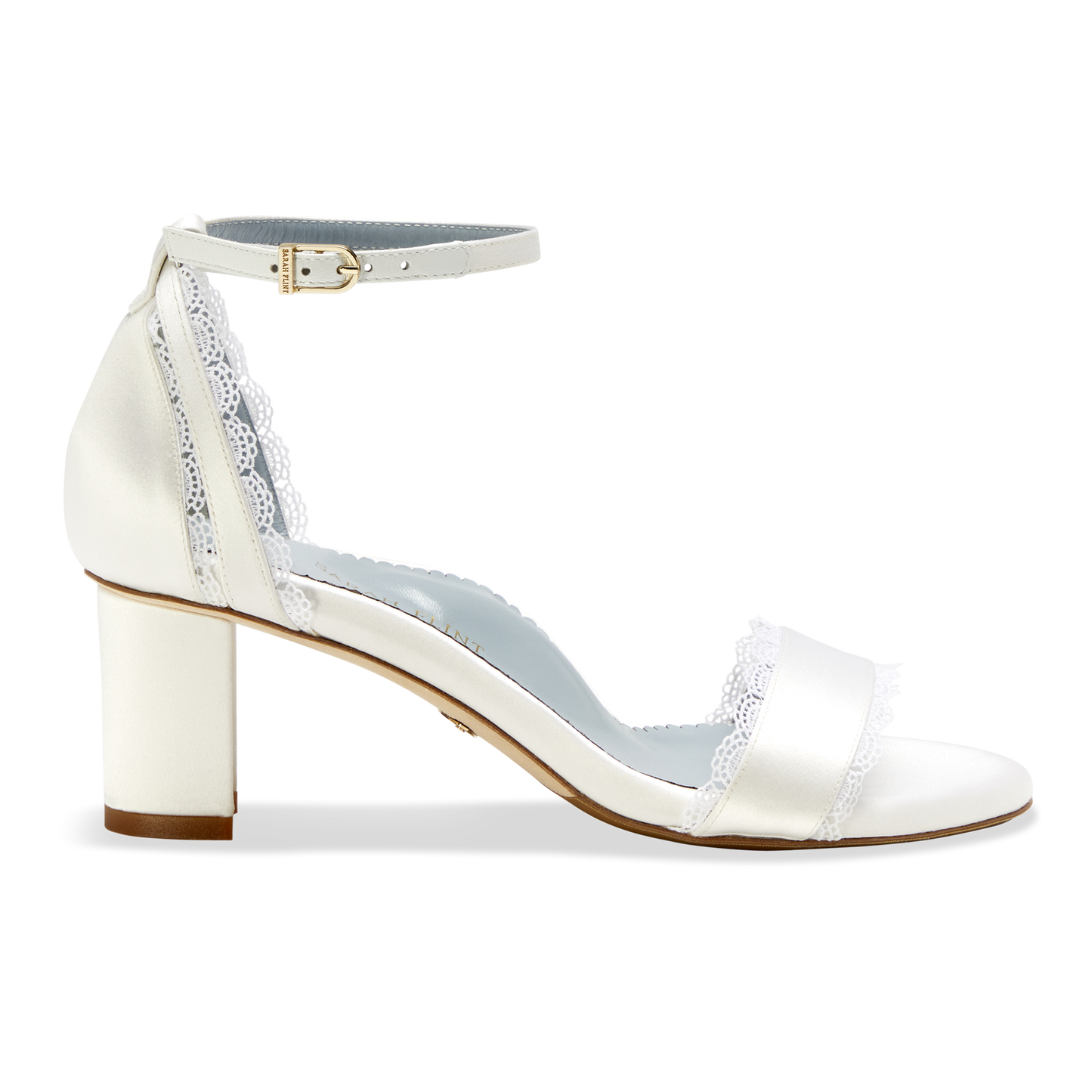 Stylish and comfortable, the Perfect Block Sandal 60 in Wedding White Satin features a 60mm block heel, arch support, and adjustable ankle straps.