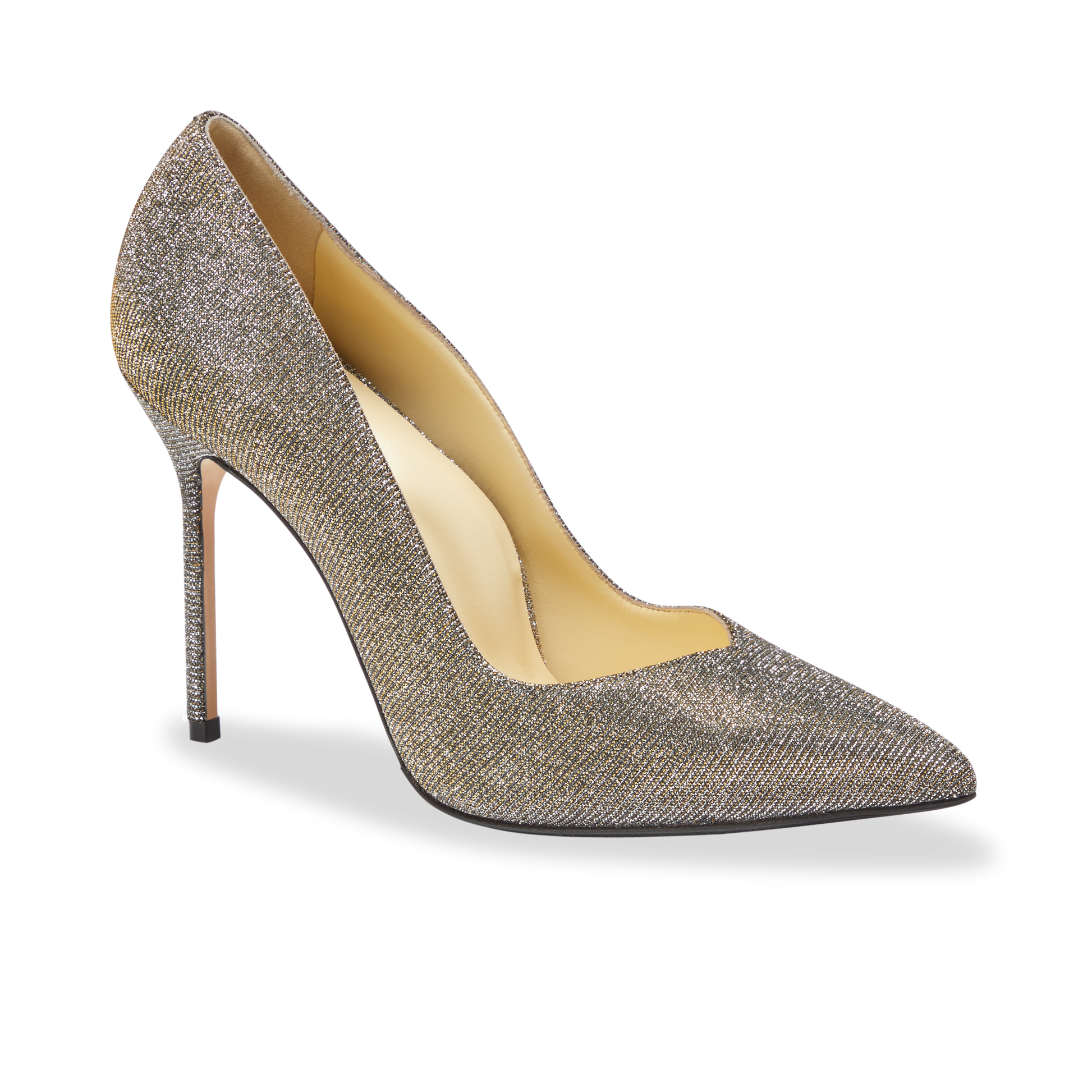 100m Italian Made Pointed Toe Pump in Gunmetal Lame Fabric