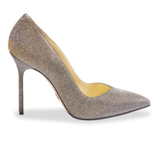 100m Italian Made Pointed Toe Pump in Gunmetal Lame Fabric