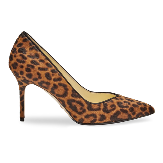 85mm Italian Made Pointed Toe Pump in Chocolate Leopard Hair Calf