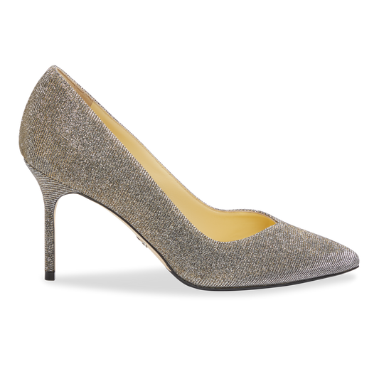 85mm Italian Made Pointed Toe Pump in Gunmetal Lame Fabric