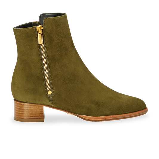 30mm Italian Made Perfect Zip Bootie in Olive Suede