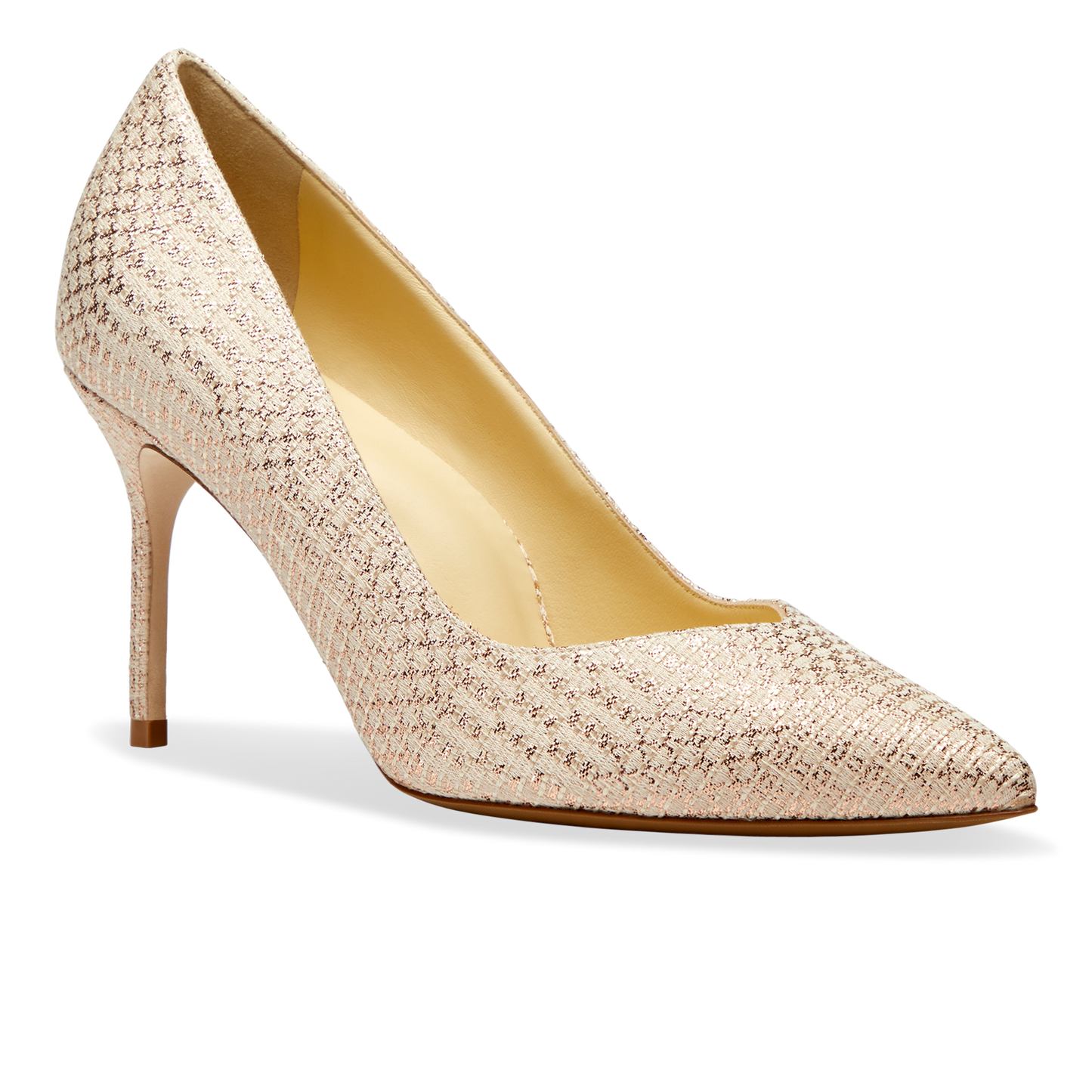 85mm Italian Made Pointed Toe Pump in Rose Shimmer Fabric