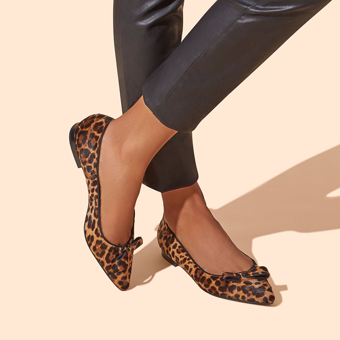 10mm Italian Made Natalie Pointed Toe Flat in Chocolate Leopard Hair Calf