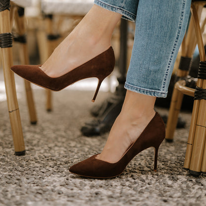 85mm Italian Made Pointed Toe Pump in Espresso Suede