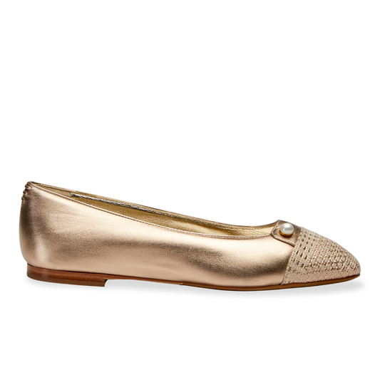 A soft and flexible version of the classic ballet flat, in rose gold nappa with a shimmer textile cap toe.